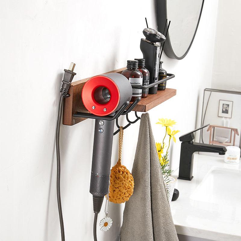 Black Bathroom Hair Dryer Holder Walnut Wall Hanging Storage Rack Toilet Toothbrush Holder Cup Holder Bathroom Hardware Pendant
