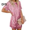 Women's Summer Sequin Midi Dress Casual Crew Neck Short Sleeve T-shirt Dress Sparkly Cocktail Party Dress
