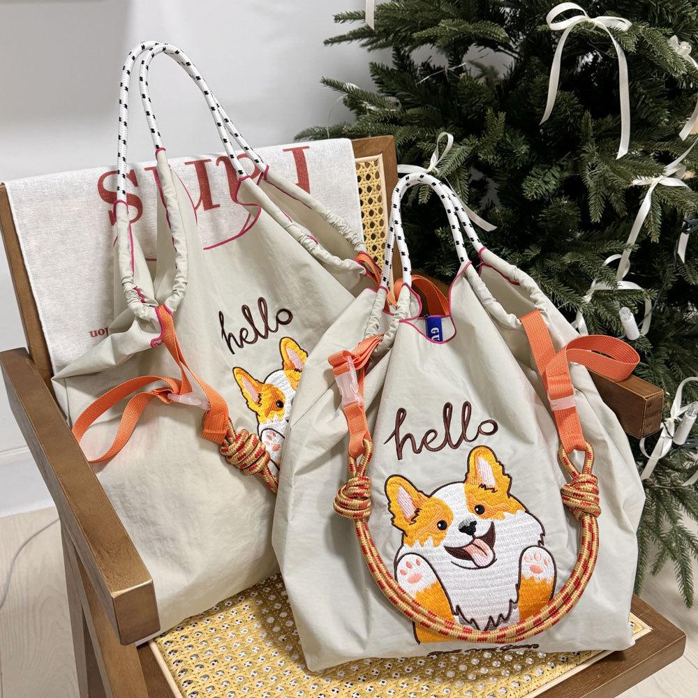 Japanese Style Handmade Waterproof Nylon Canvas Bag with Embroidered Patterns, Large Capacity