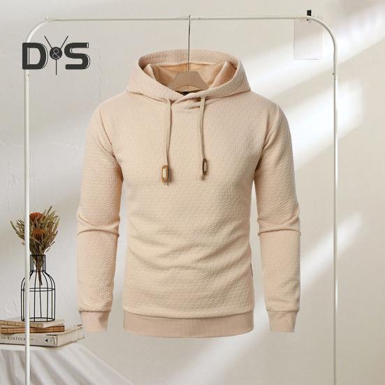 Men Fall Winter Hoodie Solid Color Drawstring Long Sleeves Jacquard Design Hooded Elastic Cuff And Hem Thin Daily Wear Casual Sport Top