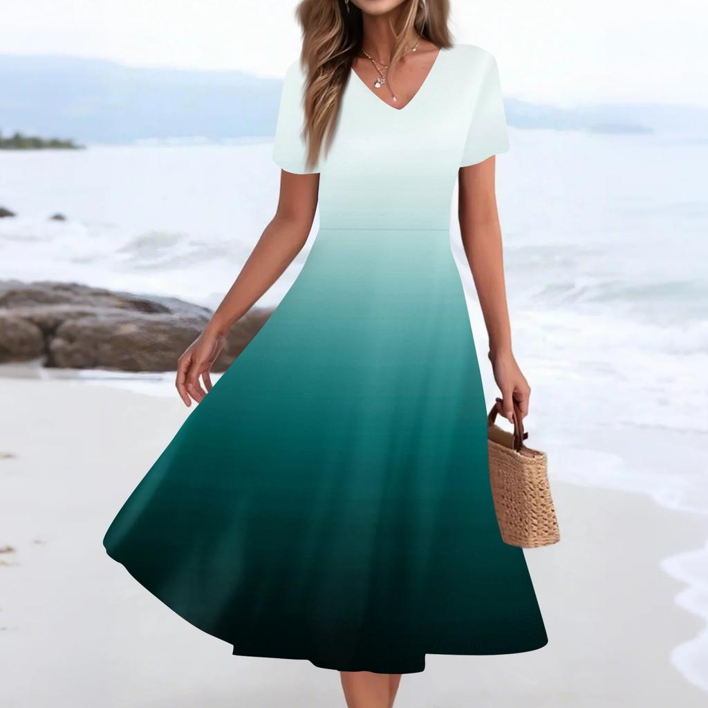 Women's Summer Casual Fashion Print Pocket Short Sleeve V-Neck Swing Dress