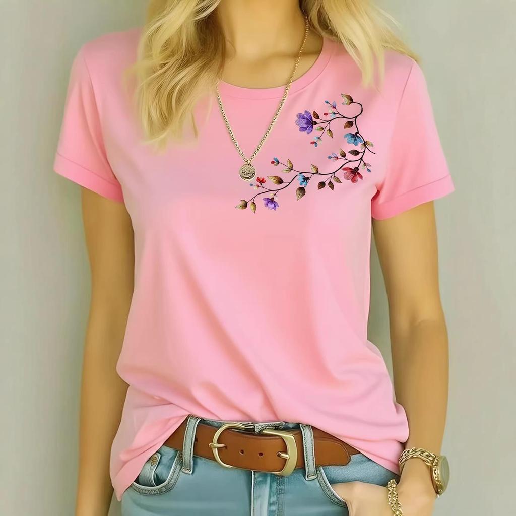2026 Colorful Floral Round Neck Short Sleeve Casual Pure Cotton T-shirt