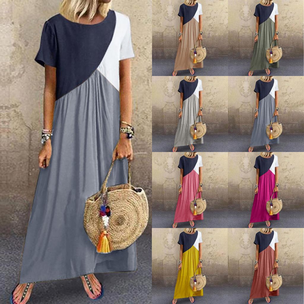 Women's Summer Fashion   Contrast Color Stitching Skirt Large Size Dress