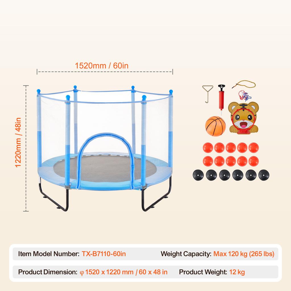SucceBuy 60" Kids Trampoline 5FT Indoor Outdoor Trampoline with Safety Enclosure Net Basketball Hoop Gifts for 3+ Years Children