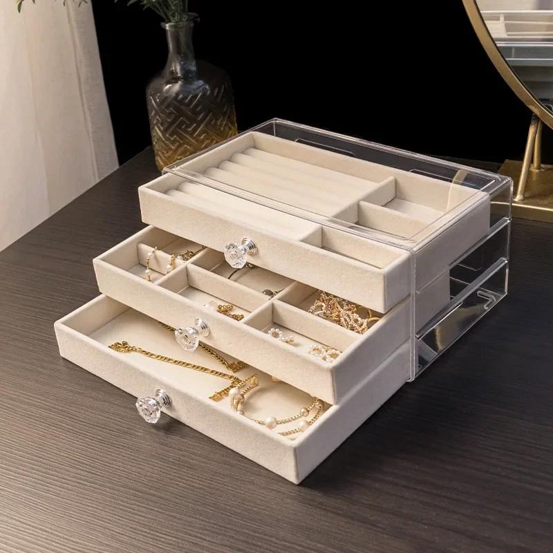 Velvet Stud Earrings Storage Box Three Layer Jewelry Organizer Dust Proof Drawer Design for Accessories Dressing Jewelry Box