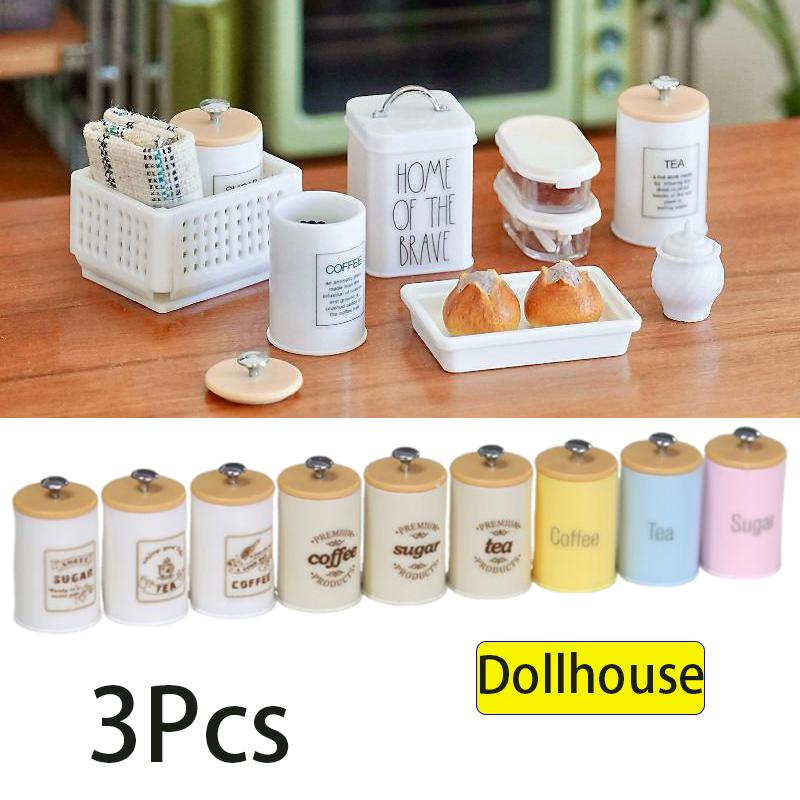 3Pcs Dollhouse Simulation Nordic Storage Jar Model Kitchen Storage Organzier Candy Box Miniature Food And Play Dry Goods Cans