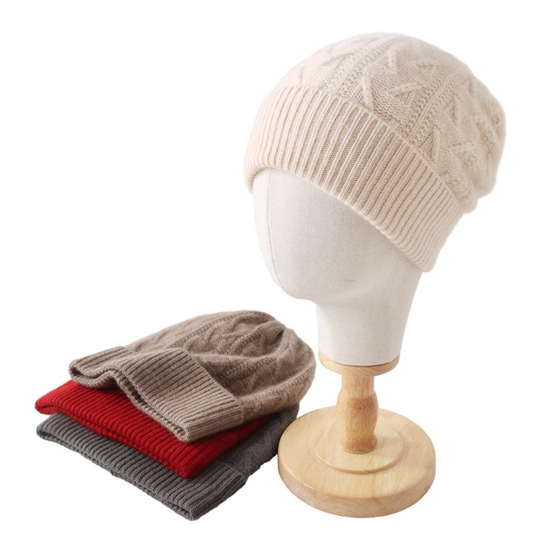 Cashmere Women's Autumn and Winter New High End Solid Color Thickened Warm Twist Twist Versatile Ear Protection Knitted Casual Hat