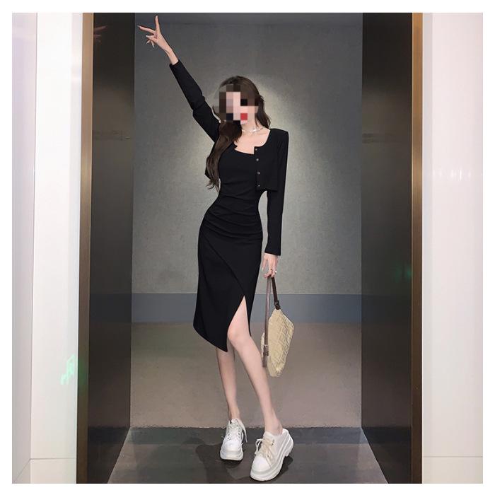 Women's Spring Fashion Set: Long Sleeve Cardigan, Sling Dress, and Slimming Waist Pleated Bodycon Skirt.