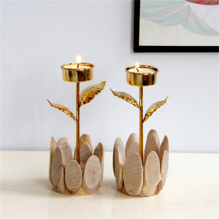 Decorative Wood Tealight Candle Holder Elegant Metal Flower Shape Potted Plant Candle Stand Candlesticks Home Decors