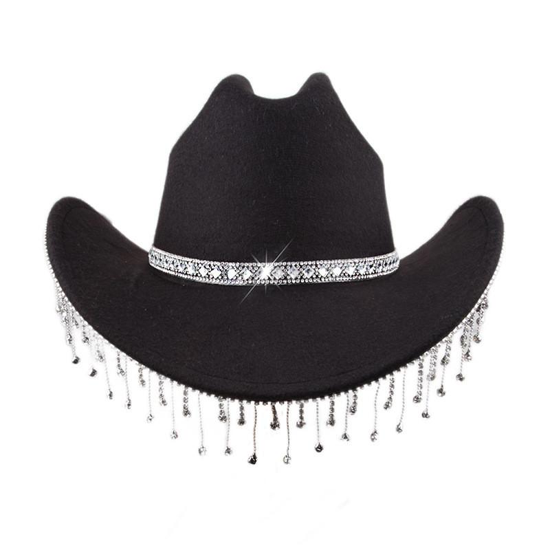

Pink Felt Cowboy Hat With Rhinestone Tassel Decoration For Allseason Sun Protection чорний