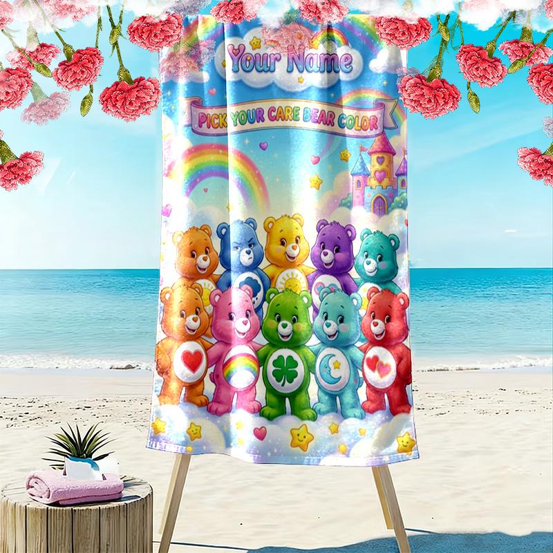 Name Custom Cartoon Care bears Print Beach Towel, Large Soft Quick Dry Towel for Beach Camping Swimming