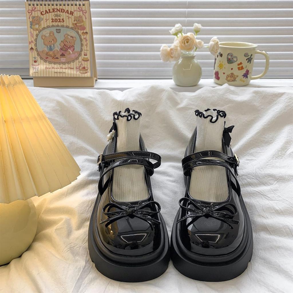 Thick-soled Mary Jane retro shoes summer new bow French style with skirt light mouth small leather shoes single shoes