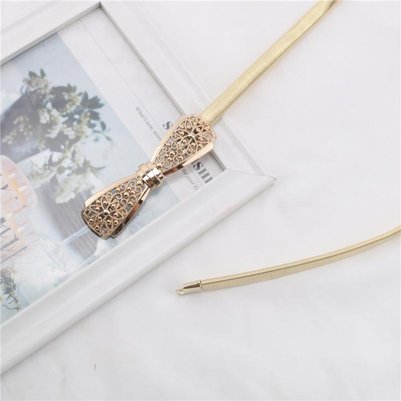 Fashion Metal Hollow Out Carved Bow Women Belts Elastic Skinny Thin Dress Belt Women Ladies Gold Sliver Decor Waist Chain Straps