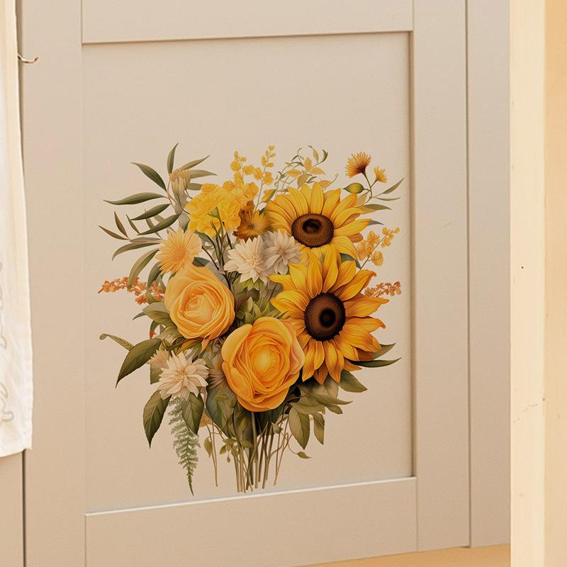 Warm Sunflower and Green Leaves Wall Sticker Self-Adhesive Removable Wall Decor for Bedroom Living Room Hallway Home Decoration