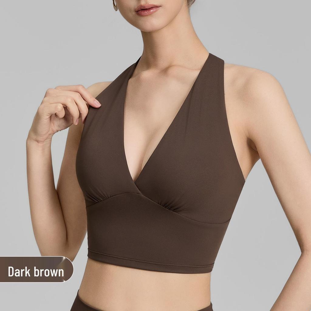 Spring Women's V-neck Sports Bra & Halterneck Yoga Tank Top with Fixed Cups - Supports Underarm Fat