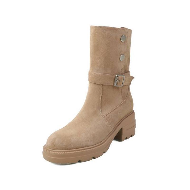 New versatile leather Martin boots solid color sleeve thick bottom non-slip comfortable large size women's boots round head medium boots women's