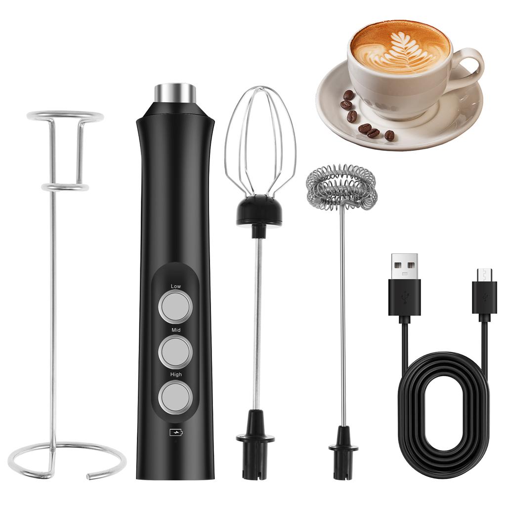 Handheld Electric Milk Frother with 2 Heads, Coffee Whisk Foam Mixer with USB Rechargeable 3 Speeds, Foam Maker Blender
