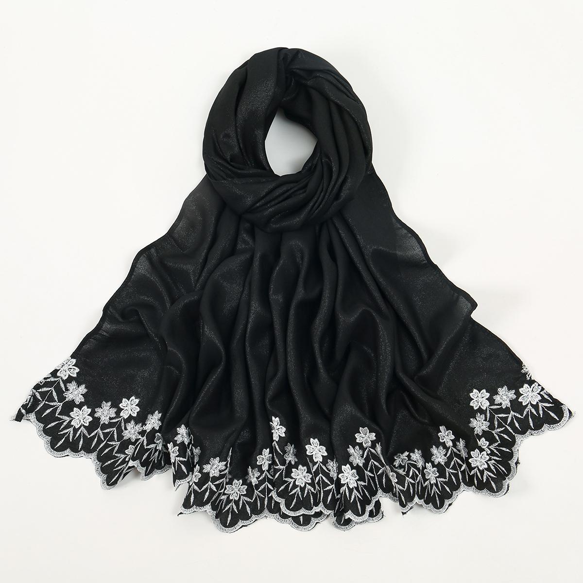 

Floral Embroidery Edge Chiffon Hijab Women Solid Plain Premium Chiffon Shawl Wavy Edge Scarf Pearlescent Embroidery Headscarf