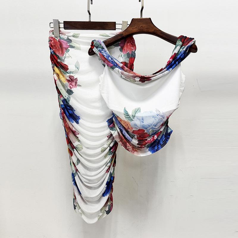 Spring/Summer 2026 European  American Celebrity One-Shoulder Mesh Print Top with Elastic Skirt Small белый