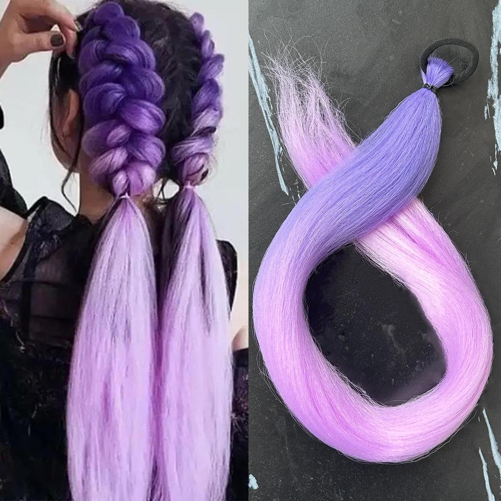 Synthetic Fiber Wig with Purple Ponytail Braid and Elastic Hair Tie