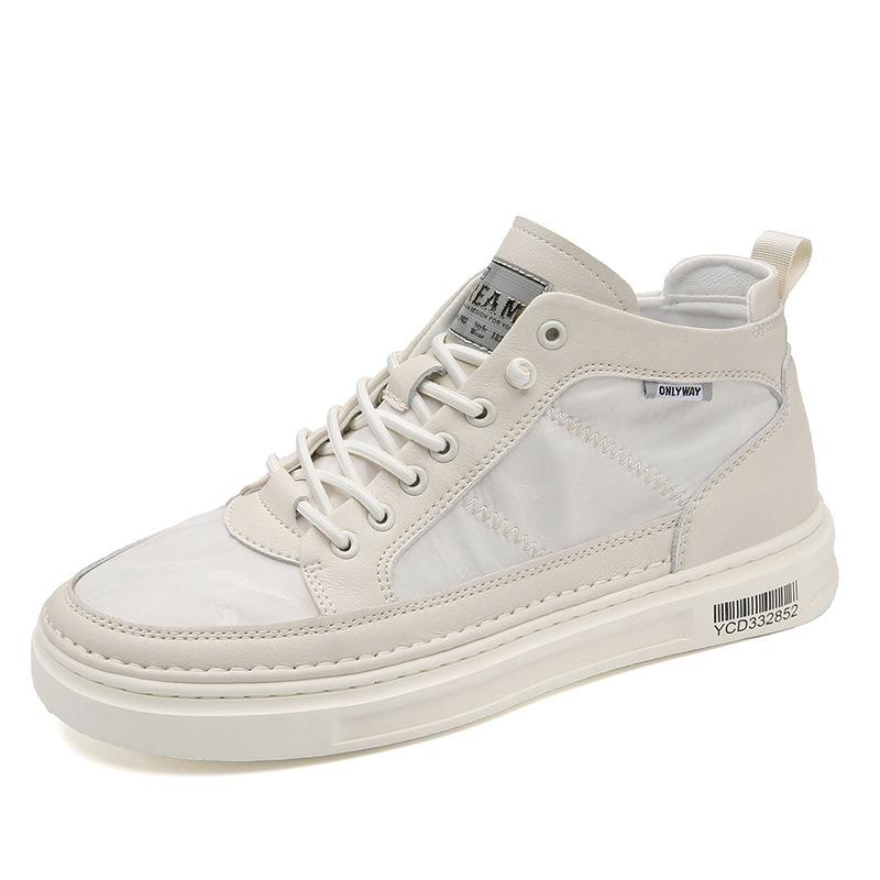 

Canvas shoes men s spring and summer breathable ice silk cloth shoes thin high-top versatile trend white white shoes board shoes middle help work 44 бежевий