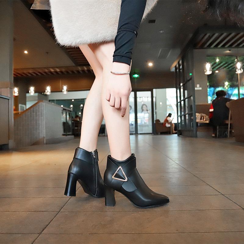 Fall Metal Buckle Side Zipper Pointed Toe Square Heel Anti-Slip Wear-Resistant Short Shoe