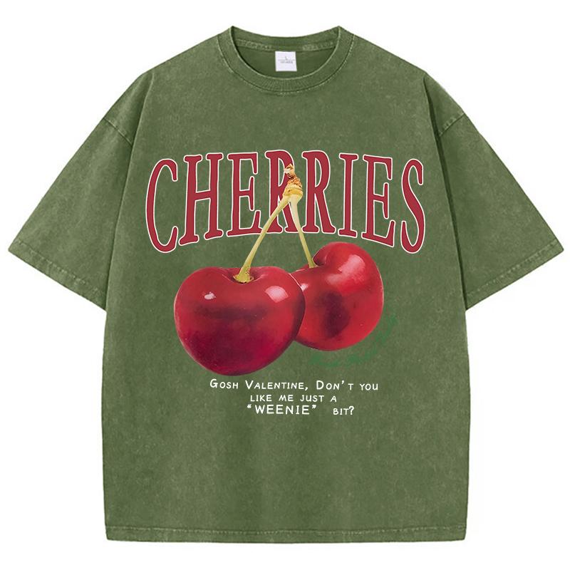 Damen Baumwolle Gewaschene T-Shirts Trend O-Ausschnitt Distressed Tops Frischer Roter Kirschen Druck Kurzarm Sommer Straße Damenkleidung