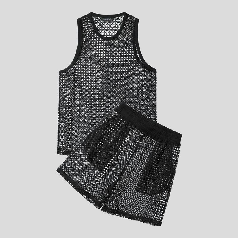 

INCERUN Мужские комплекты из двух предметов: майка без рукавов с вырезами и шорты, пляжные наряды, 2 шт. 5XL чёрный