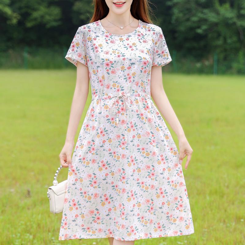 Letnia kobieta elegancka sukienka nowa dorywczo z krótkim rękawem ubrania w stylu koreańskim damska długa sukienka z nadrukiem w stylu vintage