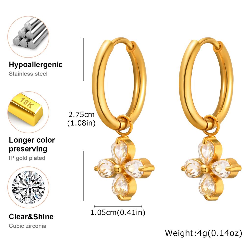 Luxury Zircon Four Leaf Flower Hoop Earrings for Women, Hypoallergenic Stainless Steel Charm Earrings, Party Jewelry Gift