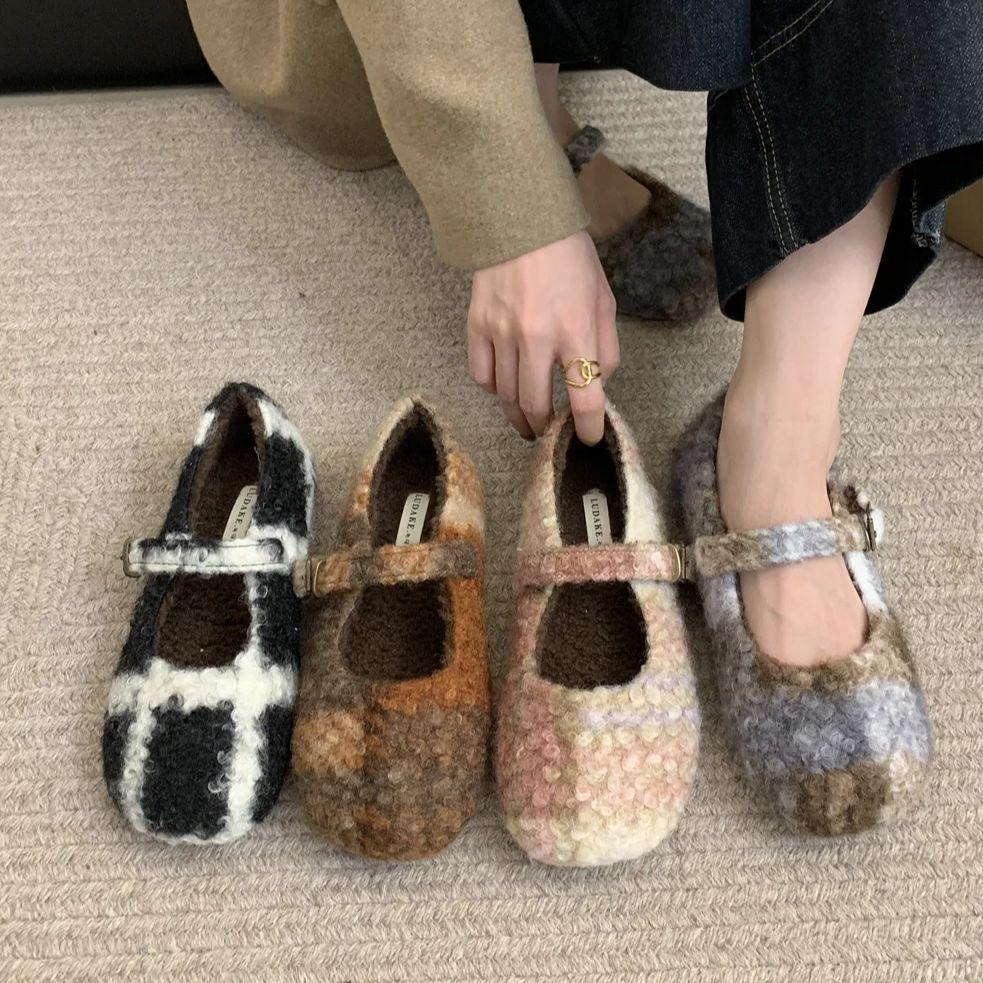 Fashion IPPEUM Mary Janes Shoes Women Winter Ballet Flats Buckle Plush Ballerinas Zapatos Mujer