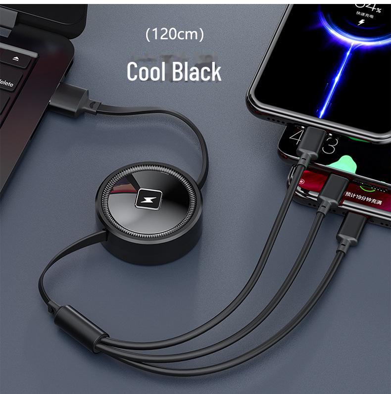 66W Fast-Charging Retractable 3-in-1 Data Cable with Storage & Electroplated Type-C