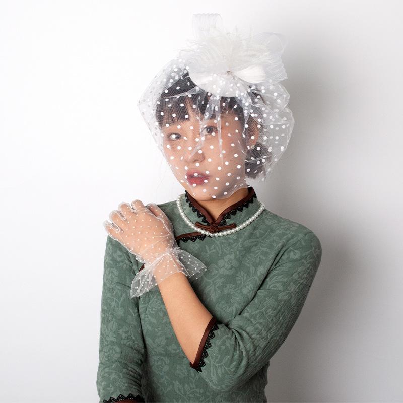 1920S Prom Spotted Headgear Veil Set Vintage Prom Gloves Combination