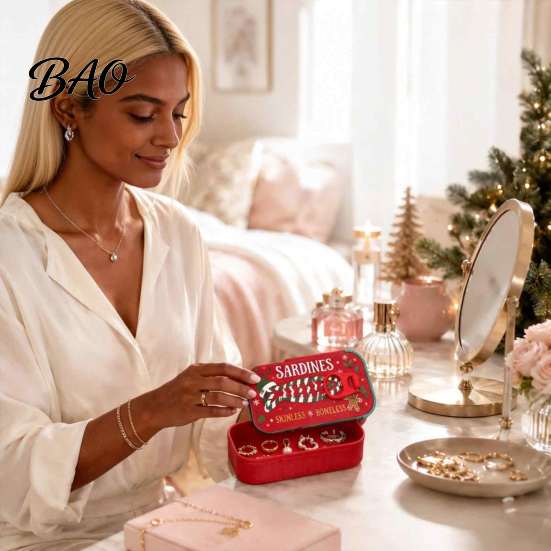 Small Jewelry Holder Christmas Sardine Tin Shaped Box, Portable Travel Jewellery Storage Case with Can Box Fish Bone Divider, Mini Necklace