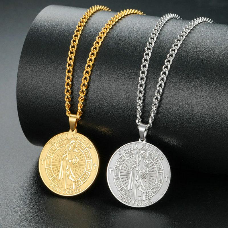Double Sided Saint Brigid And Saint Benedict Pendant Necklace Vintage Religious Amulet Jewelry For Men Women