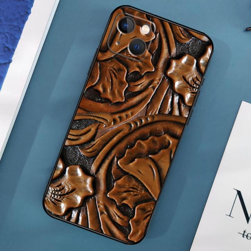 Brown Tooled Leather Pattern Case For iPhone 15 11 12 13 14 Pro Max 12 13 Mini X XS Max XR 7 8 Plus SE 2020 Cover Coque