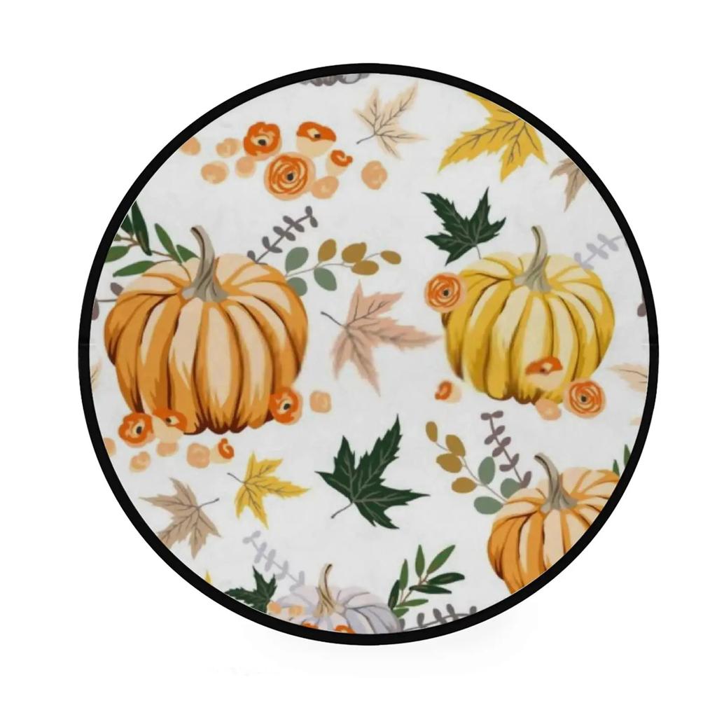 Fall Pumpkin Round Rug for Bedroom Thanksgiving Decor Circle Non Slip Carpet Maple Leaves Floor Mat for Bath Living Room Kitchen