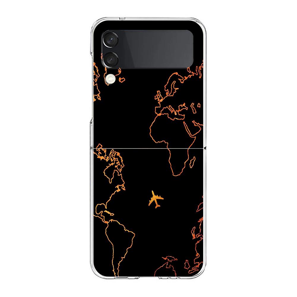 Phone Case For Samsung Galaxy Z Flip 3 4 5 Hard Folding PC Cartoon World map scenery direction For Samsung Z Flip 6 Cover