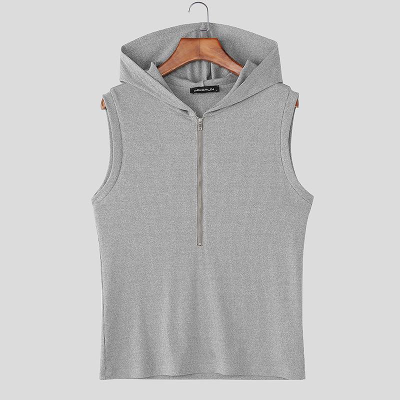 INCERUN Men Sleeveless Zip-up Rib Casual Hooded Tank Tops 