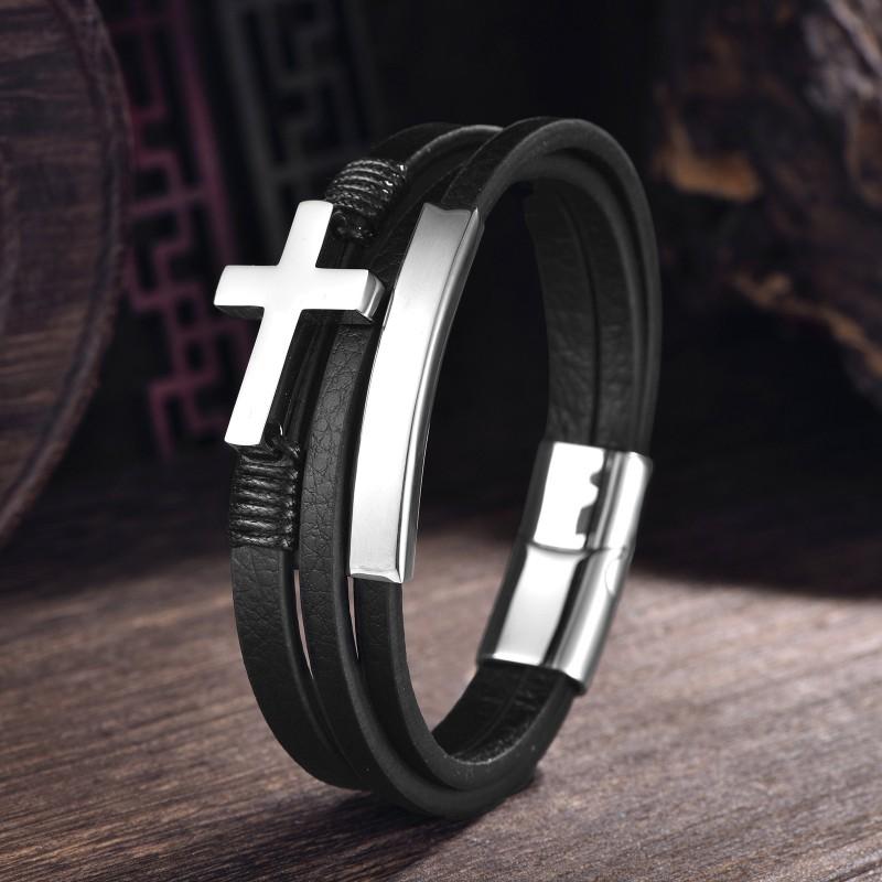 Stainless Steel Cross Bracelet Men Handmade Multi-Layer Leather Cord Geometric Design Minimalist Jewelry