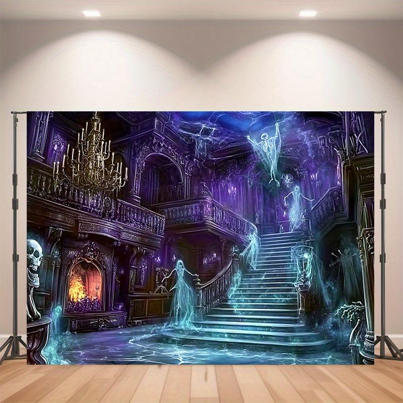 Halloween Purple Mist Ghost Castle Spiral Staircase Tapestry Ghost Skull Retro Gothic Manor Wallpaper Party Decoration 100X70CM