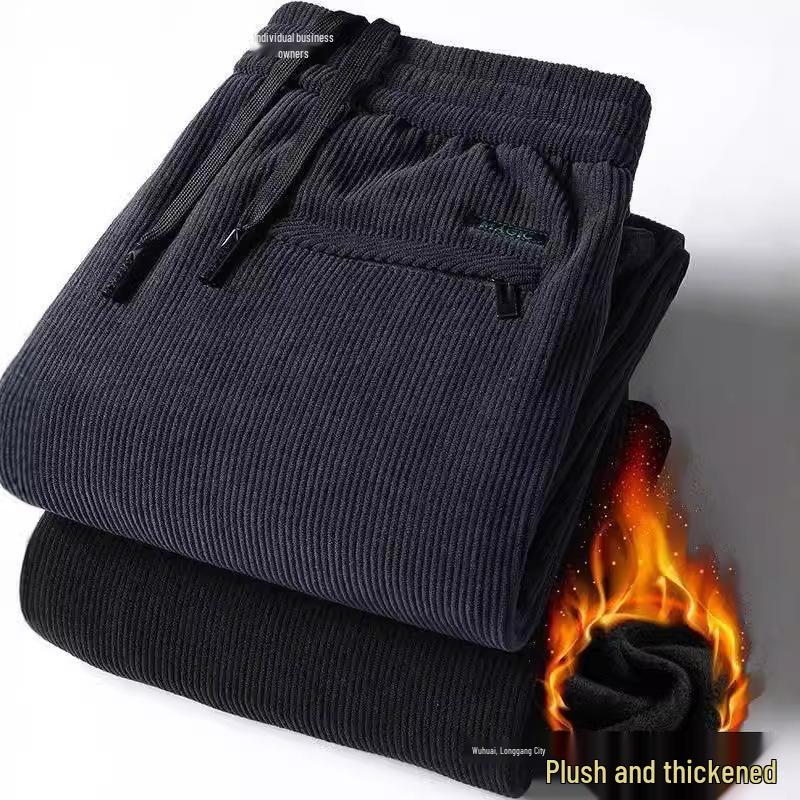 Men's Corduroy Pants - Middle-Aged & Elderly, Autumn/Winter, Straight Fit, Loose, Plus Velvet Thickened