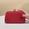 Solid Color Banquet Clutch, Metal Chain Pleated Fashionable Design Shiny Shoulder Bag, Women's Diagonal Cross Bags