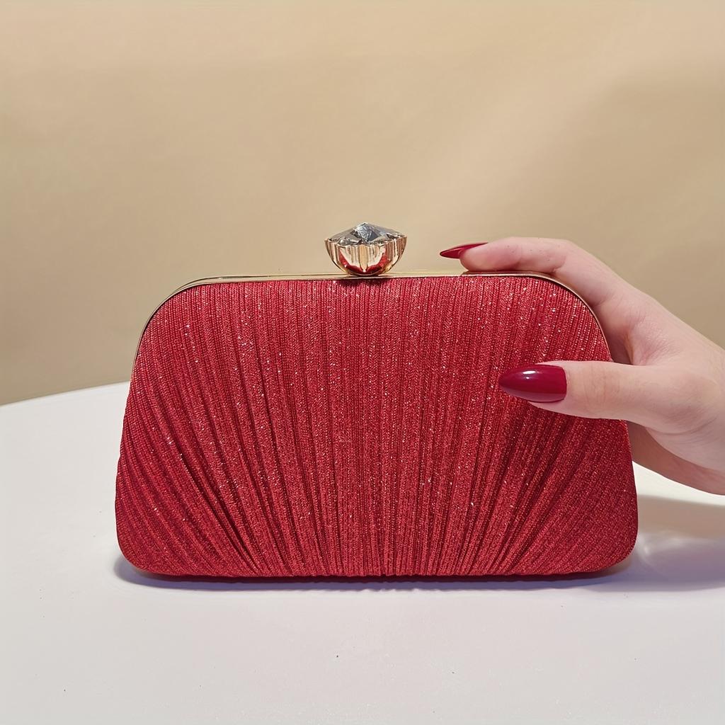 Solid Color Banquet Clutch, Metal Chain Pleated Fashionable Design Shiny Shoulder Bag, Women's Diagonal Cross Bags
