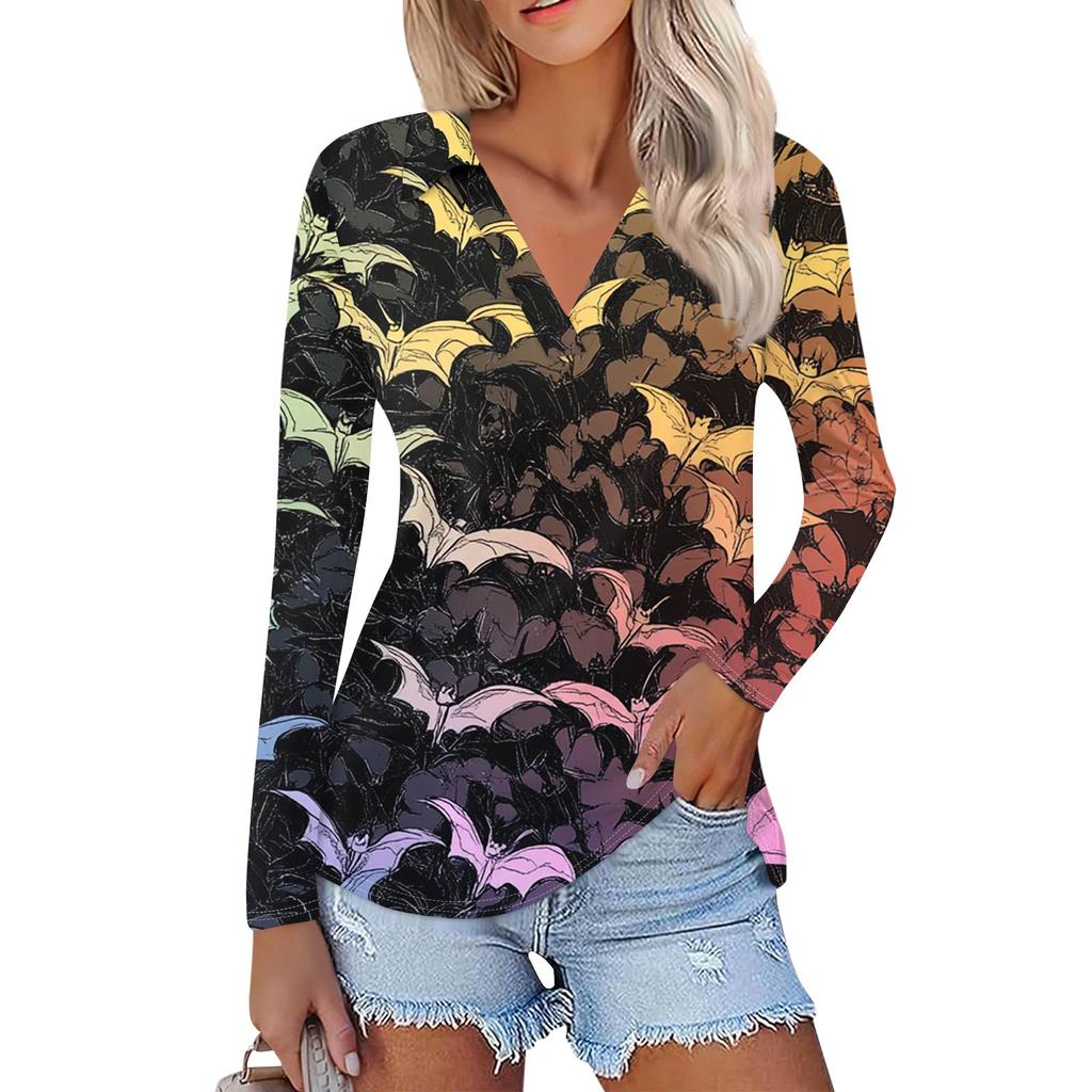 Women's Summer Fashion Casual Printed V-Neck Long Sleeve Shirt Top