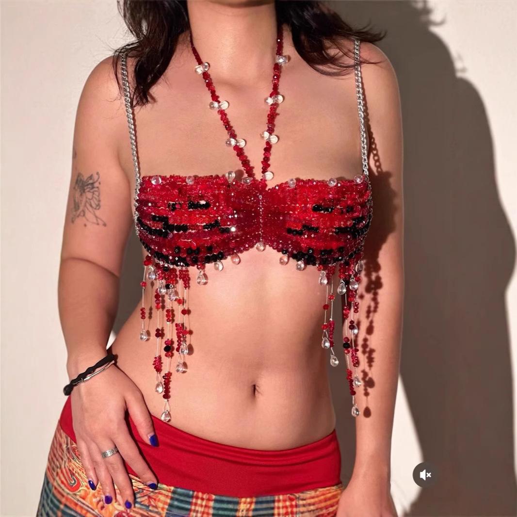 Red Bead Tassel Halter Body Chain Top OneSize