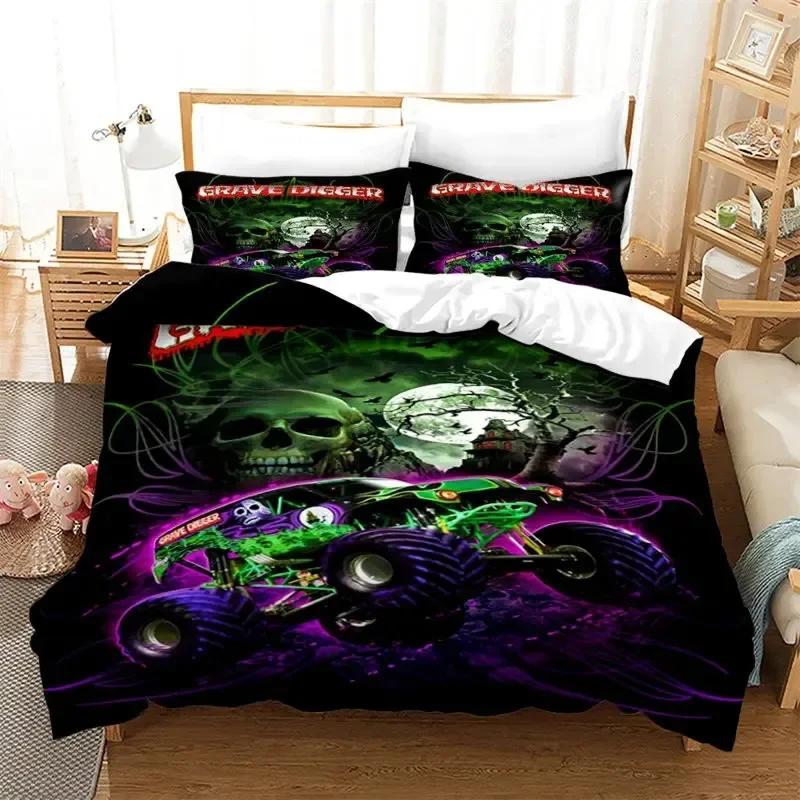 Cartoon Monster Truck Cool Vehicle Off Road Vehicle Bedding Set Boys Girls Twin Queen Size Duvet Cover Pillowcase Bed Kids Adult