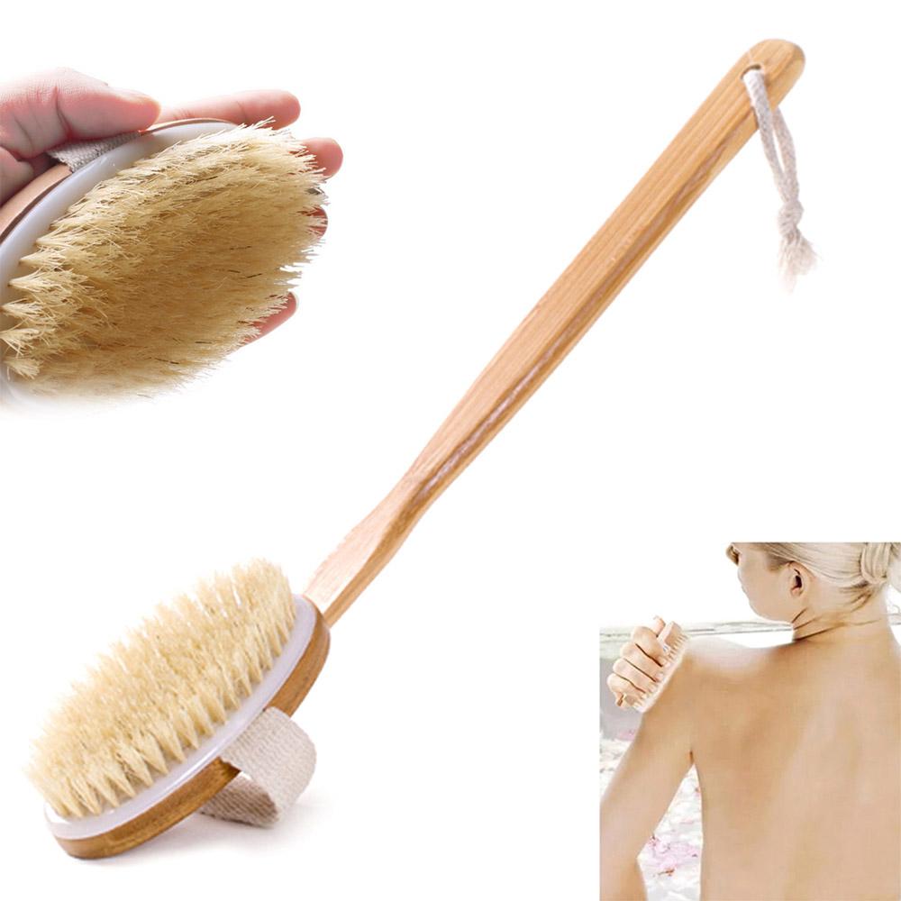 Dry Brushing Body Brush Back Scrubber Brush With Long Handle Natural Bristle Shower Massager for Exfoliating Body Skin Wet Dry