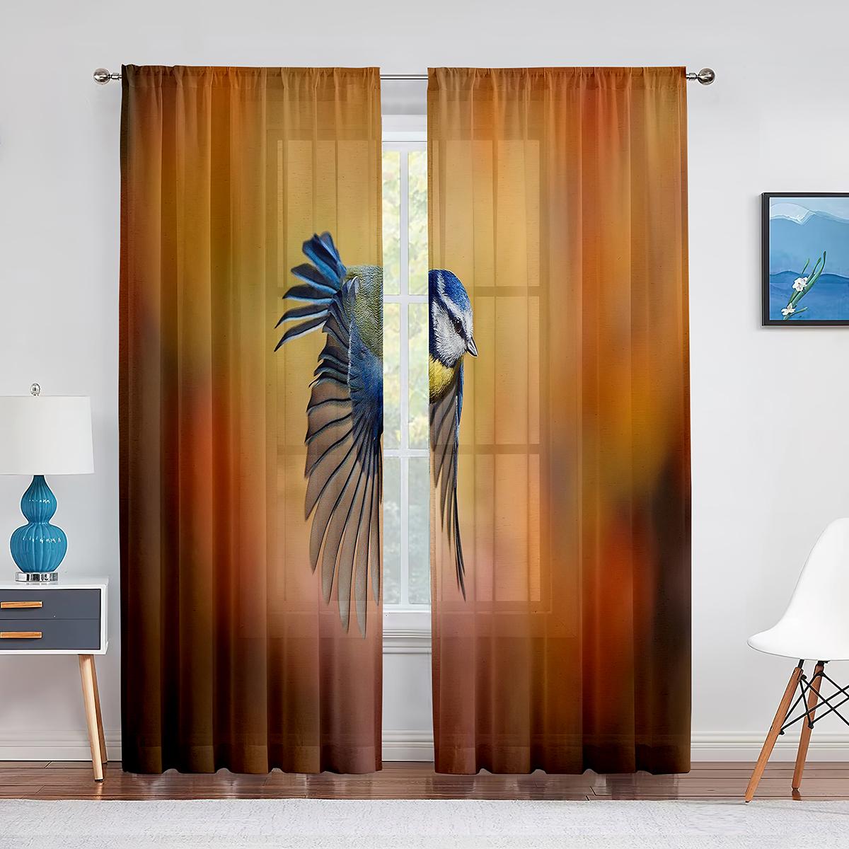 Тюлевые прозрачные шторы с милой синей птицей на ветке дерева для гостиной — фото 9