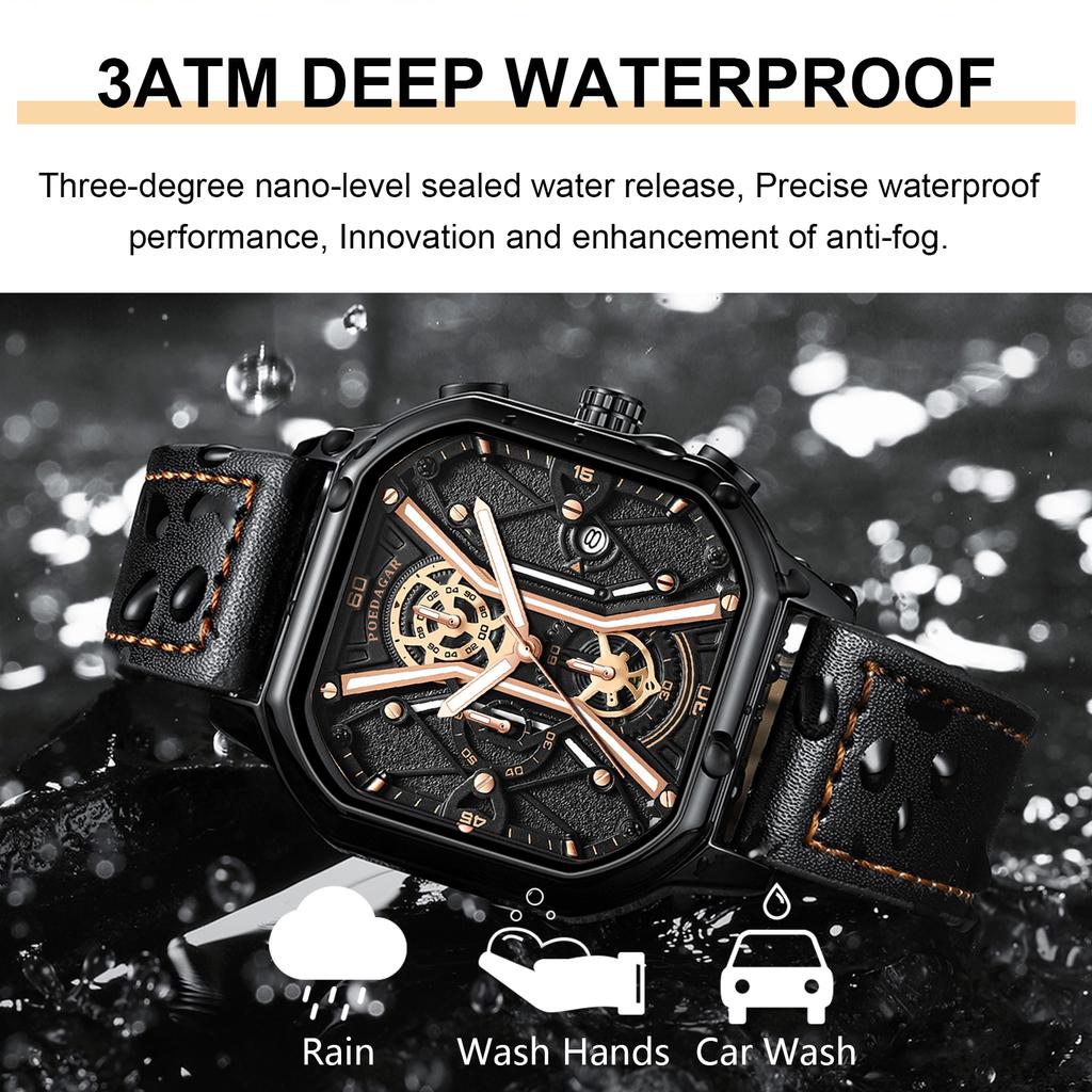 New Fashion Men Wristwatches Luxury Chronograph Luminous Waterproof Date Man Watch Square Dial Leather Quartz Men's Watches
